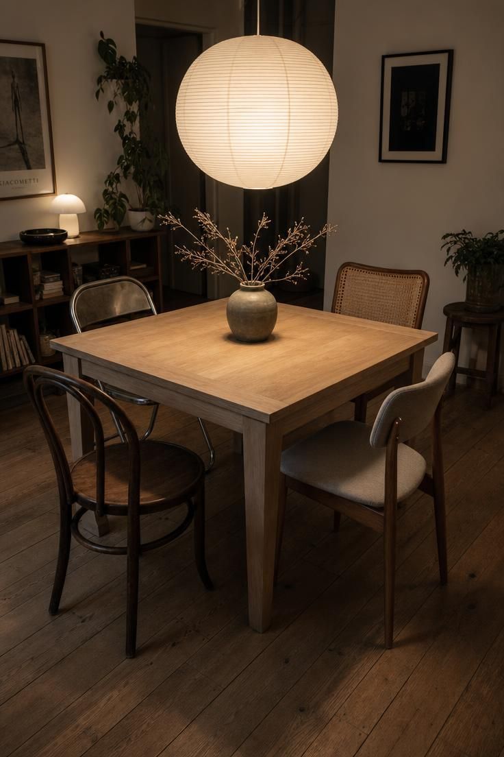 11 Ways to Design a Cozy, Personal Eclectic Apartment 4 Mismatched dining chairs around a wood table under a large paper lantern pendant with a ceramic vase of dried branches.