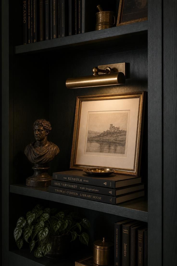 11 Ways to Design a Cozy, Personal Eclectic Apartment 5 Dark forest green shelf alcove with books, brass objects, a picture light, and a plaster bust in moody low light.