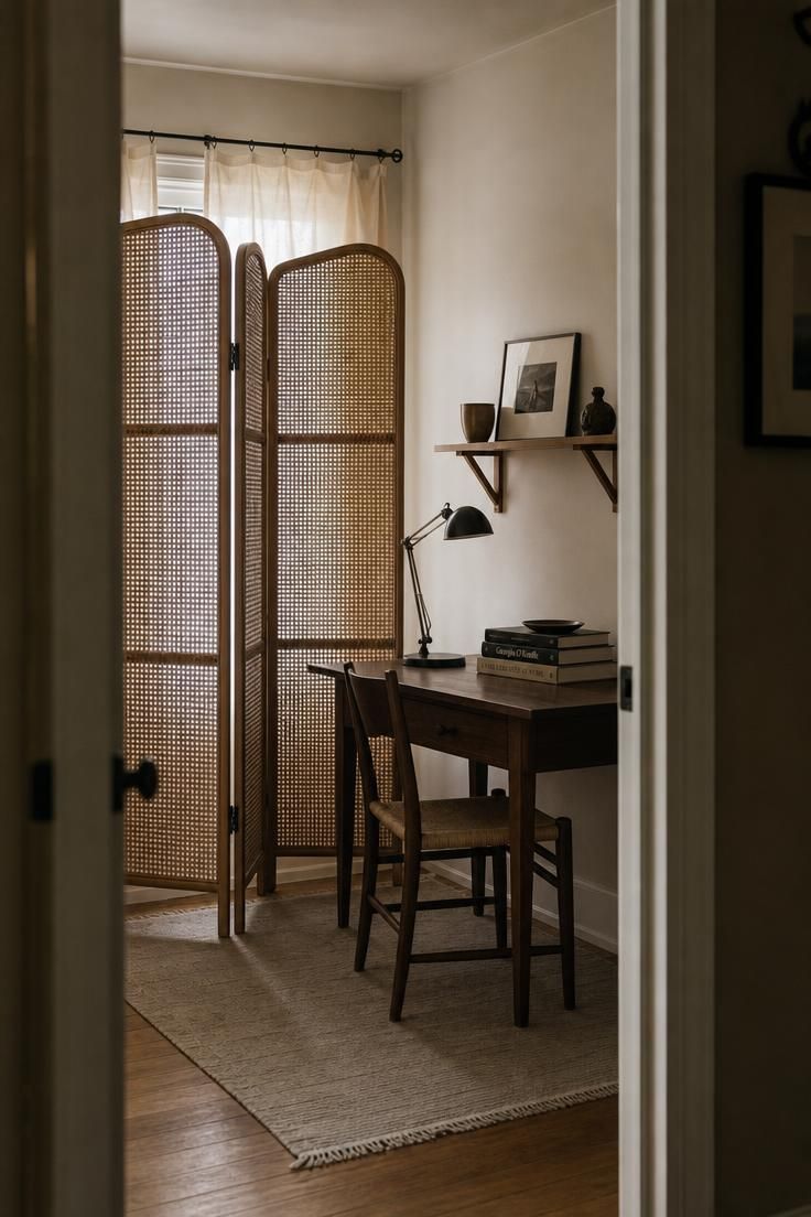11 Ways to Design a Cozy, Personal Eclectic Apartment 6 Woven rattan room divider partially concealing a small desk with a task lamp and art books in soft diffused light.