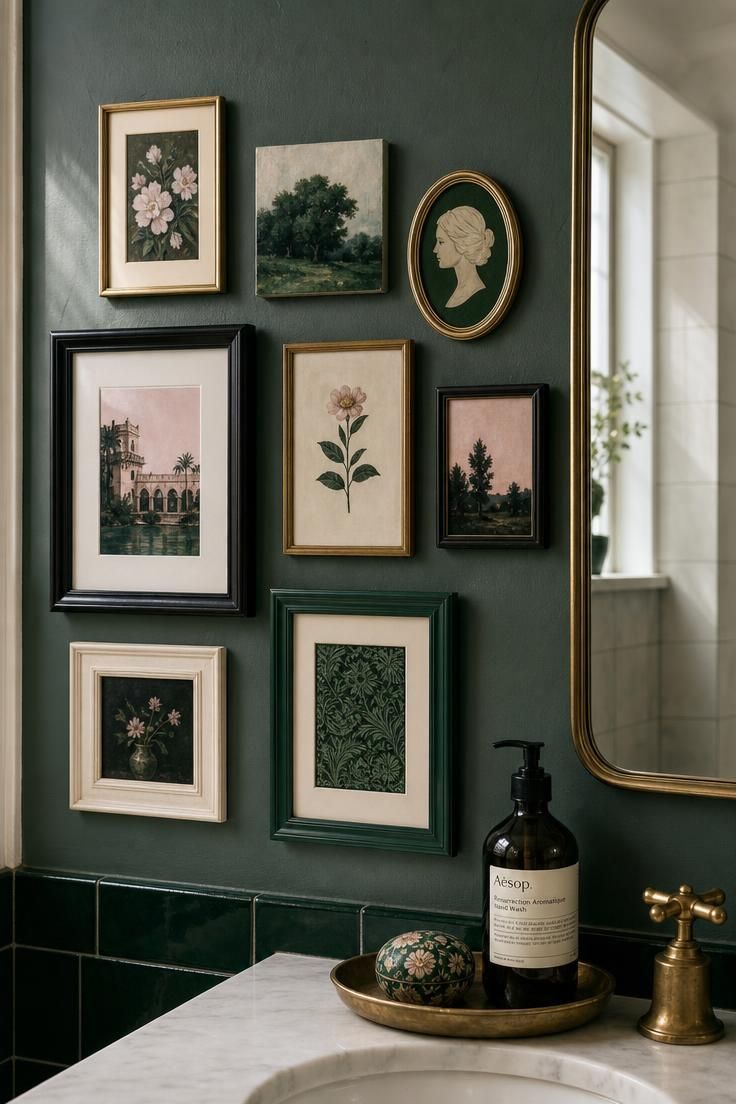11 Ways to Design a Cozy, Personal Eclectic Apartment 7 Small framed prints in mixed brass, black, and wood frames clustered on a bathroom wall above a ceramic dish.