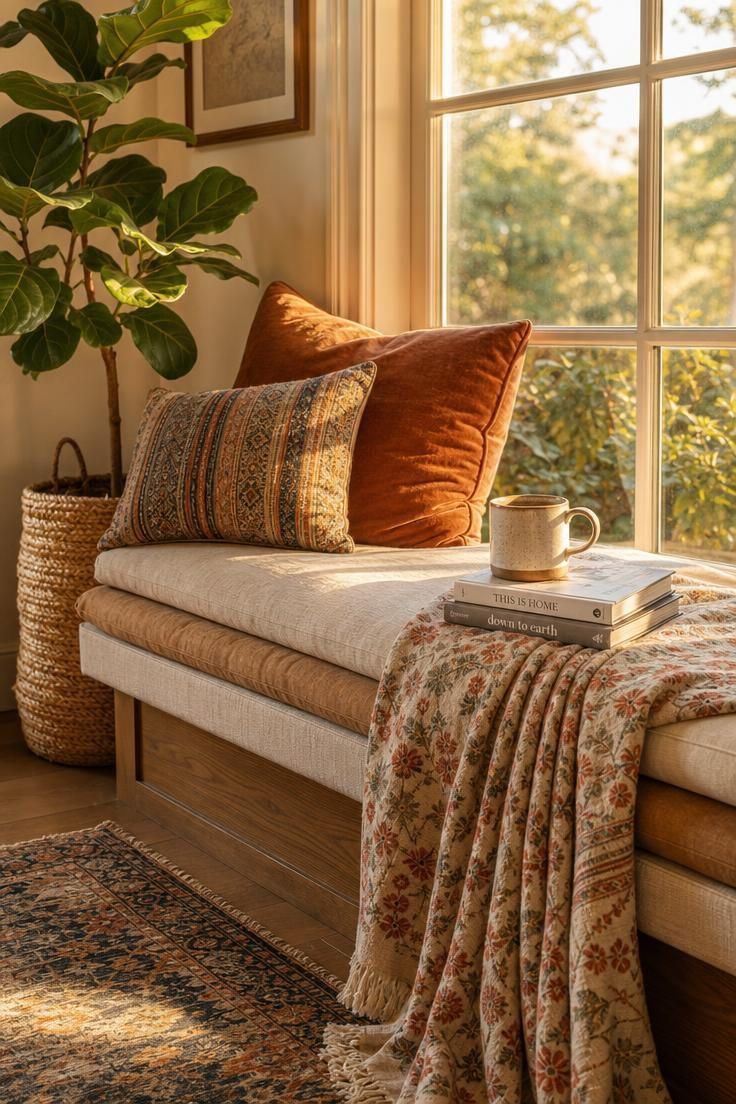 11 Ways to Design a Cozy, Personal Eclectic Apartment 8 Window bench with layered linen and velvet cushions, a patterned throw, books, and a ceramic mug in warm golden light.