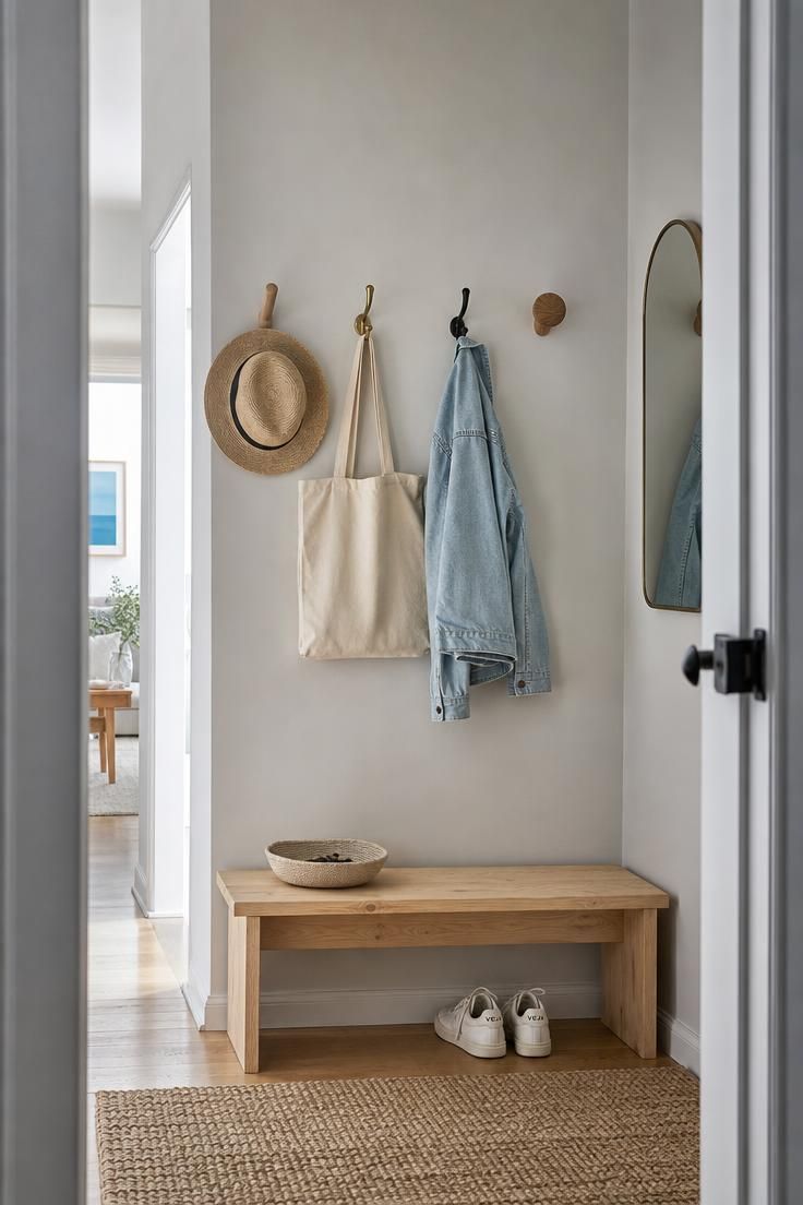 11 Ways to Design a Cozy, Personal Eclectic Apartment 9 Narrow apartment entryway with mixed hooks holding a straw hat and tote bag, a small arched mirror, and a wooden bench in cool daylight.