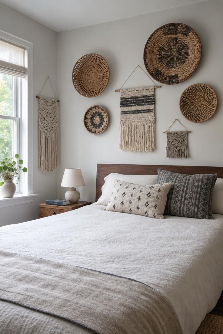 11 Ways to Design a Cozy, Personal Eclectic Apartment 10 Bed wall with a cluster of woven baskets, macrame, and textile art above an off-white linen bed in cool daylight.