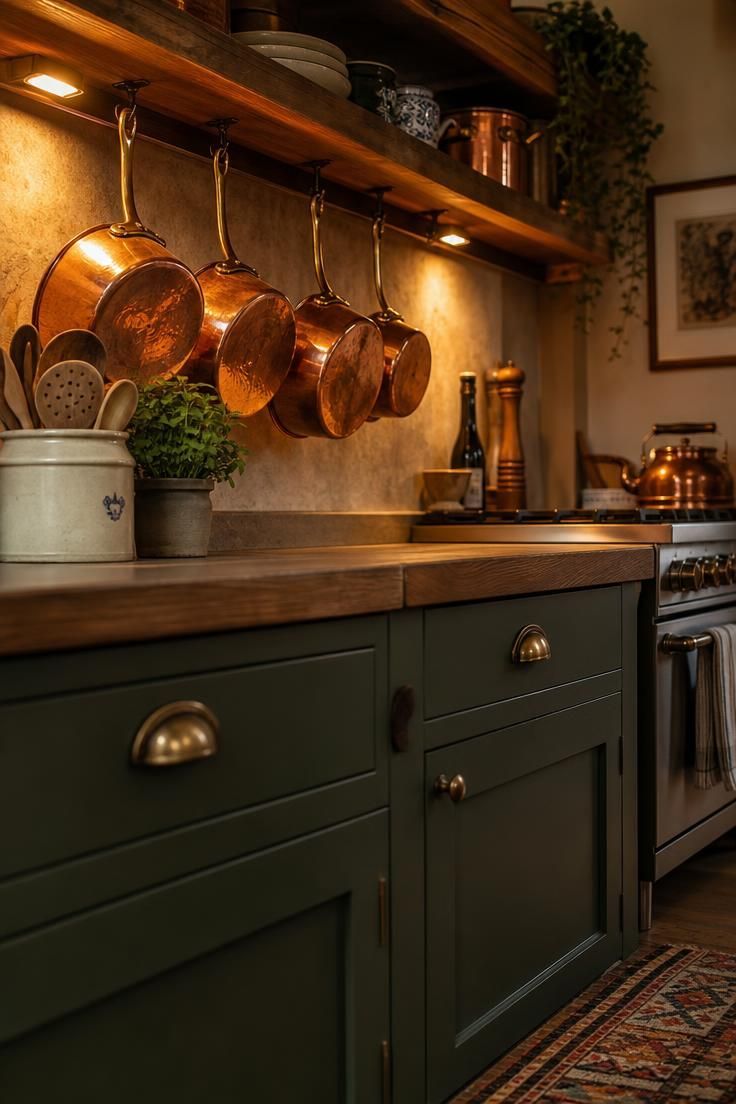 11 Ways to Design a Cozy, Personal Eclectic Apartment 11 Dark green kitchen corner with open wood shelving, copper pans, a ceramic utensil crock, and a potted herb in warm light.