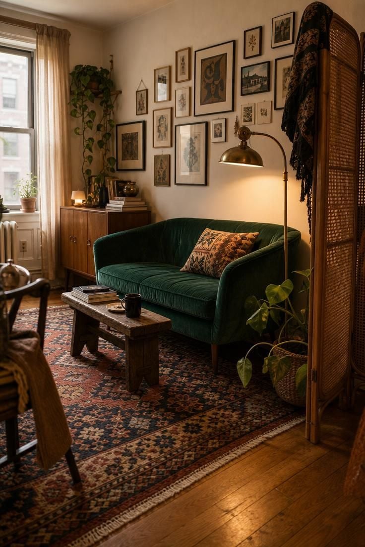 Simple Spaces 15 Cozy eclectic apartment living room with layered kilim rug, emerald velvet sofa, salon-style art wall, brass lamp, and rattan room divider.