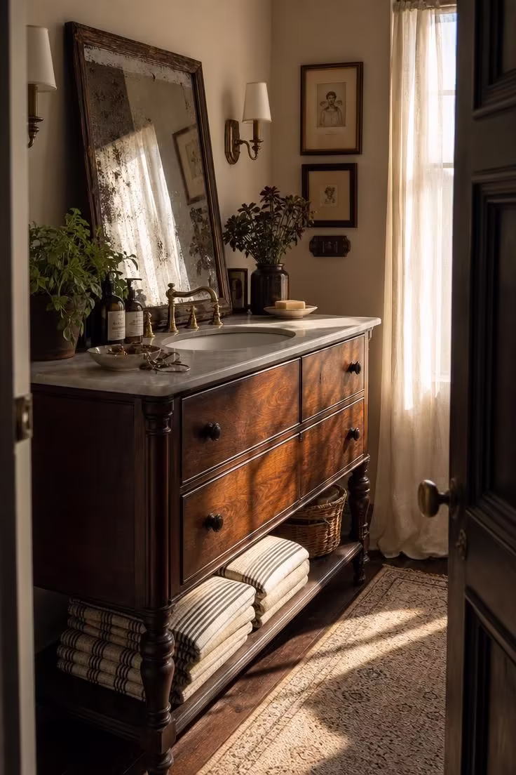 14 Eclectic Bathroom Ideas for a Space Full of Character 1 A restored 1920s mahogany dresser used as a bathroom vanity with a marble top and modern sink.