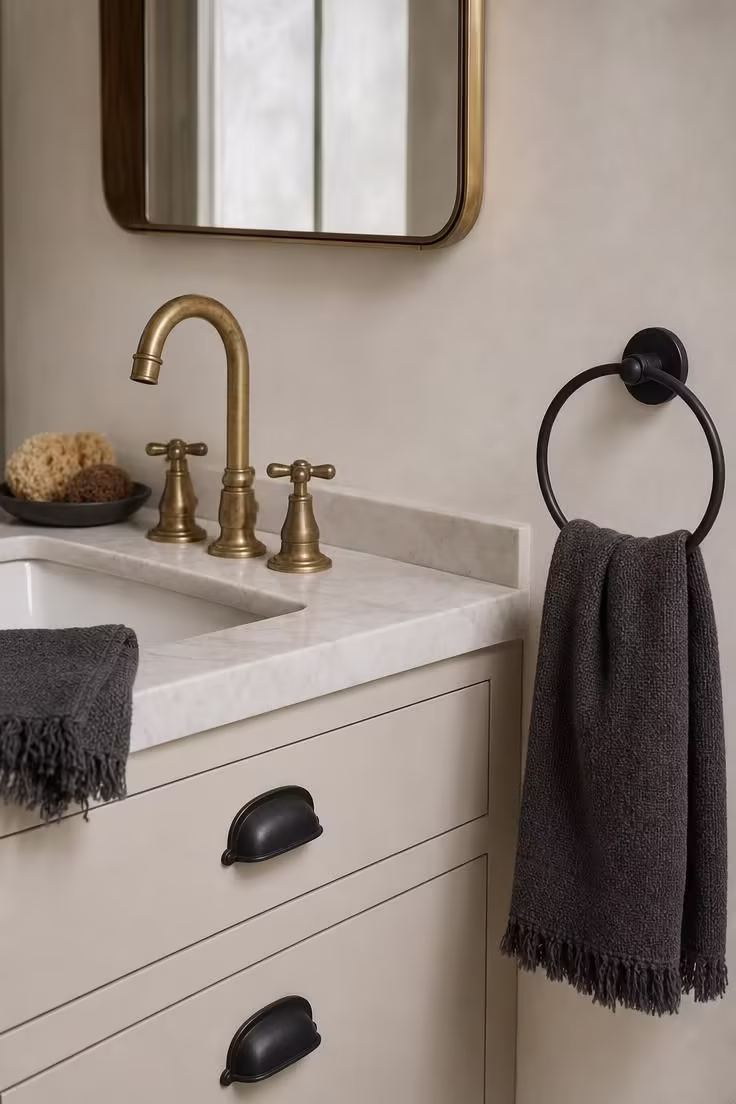 14 Eclectic Bathroom Ideas for a Space Full of Character 2 Unlacquered brass faucet paired with matte black cabinet hardware on a bathroom vanity.