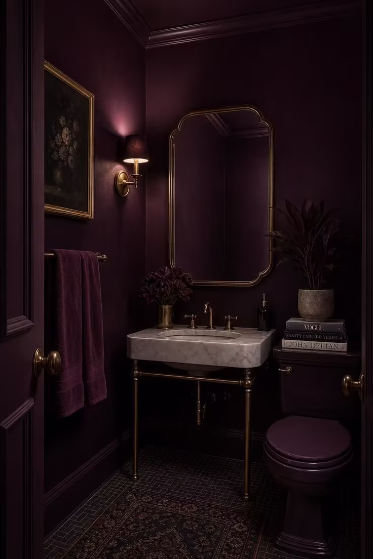 14 Eclectic Bathroom Ideas for a Space Full of Character 3 A small bathroom painted entirely in deep aubergine across walls, trim, and ceiling.