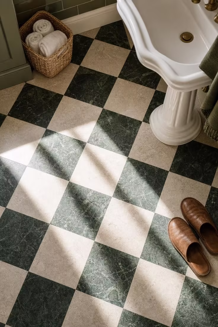 14 Eclectic Bathroom Ideas for a Space Full of Character 4 A green-and-cream checkerboard marble floor set on a diagonal in a bright bathroom.