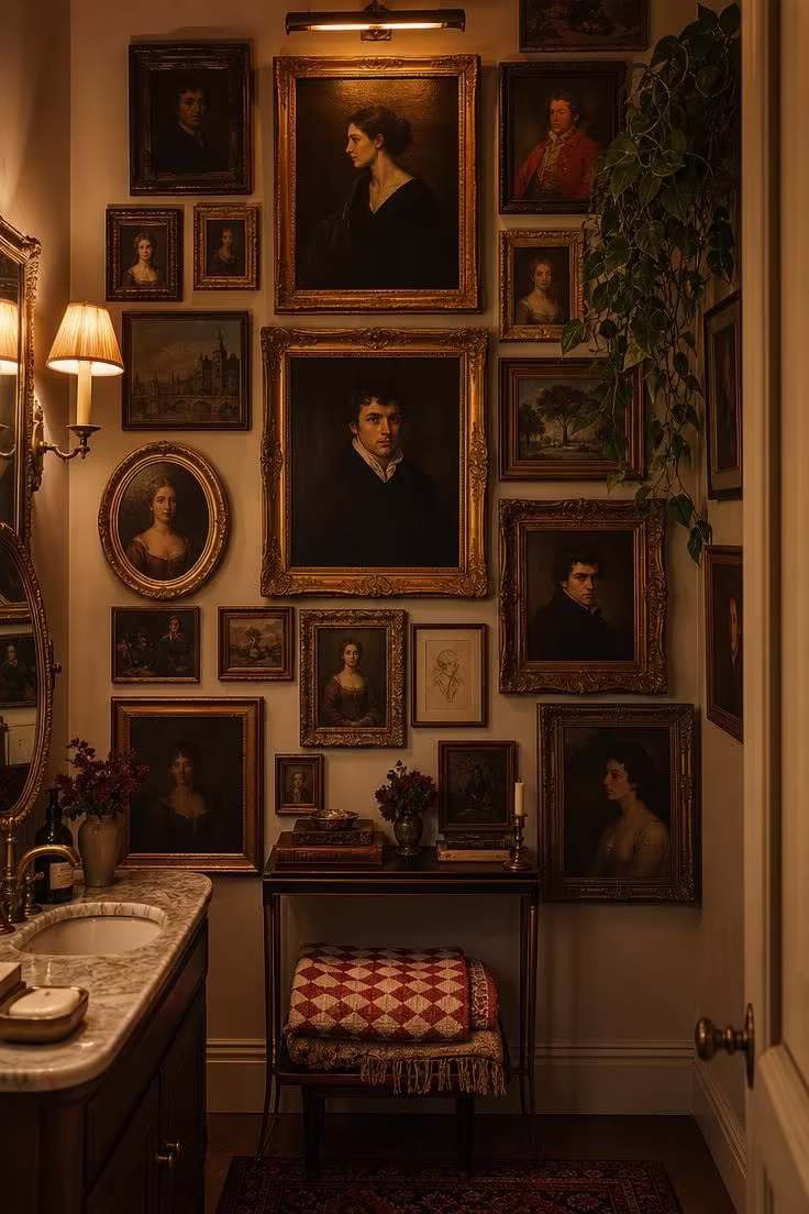 14 Eclectic Bathroom Ideas for a Space Full of Character 5 A dense salon-style gallery wall of thrifted oil portraits in mismatched frames in a bathroom.