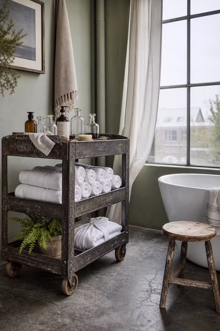 14 Eclectic Bathroom Ideas for a Space Full of Character 6 A repurposed iron factory cart on casters holding rolled towels beside a freestanding tub.