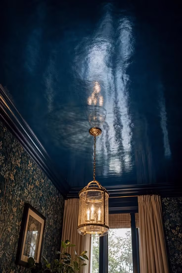 14 Eclectic Bathroom Ideas for a Space Full of Character 7 A high-gloss lacquered ceiling painted deep peacock blue reflecting the bathroom below.