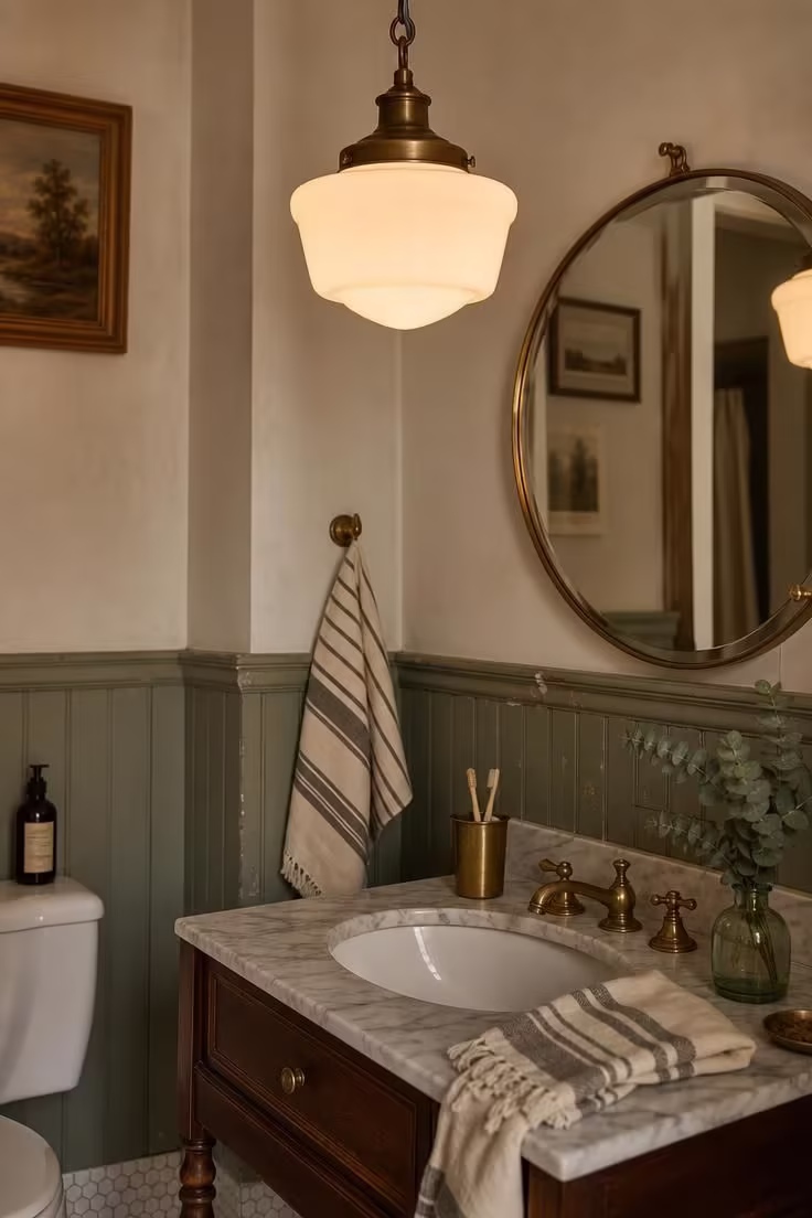 14 Eclectic Bathroom Ideas for a Space Full of Character 8 A vintage milk-glass schoolhouse pendant hanging above a marble-topped bathroom vanity.
