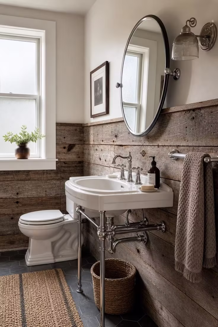 14 Eclectic Bathroom Ideas for a Space Full of Character 10 Reclaimed barnwood wainscoting to chair height paired with polished chrome fixtures in a small bathroom.