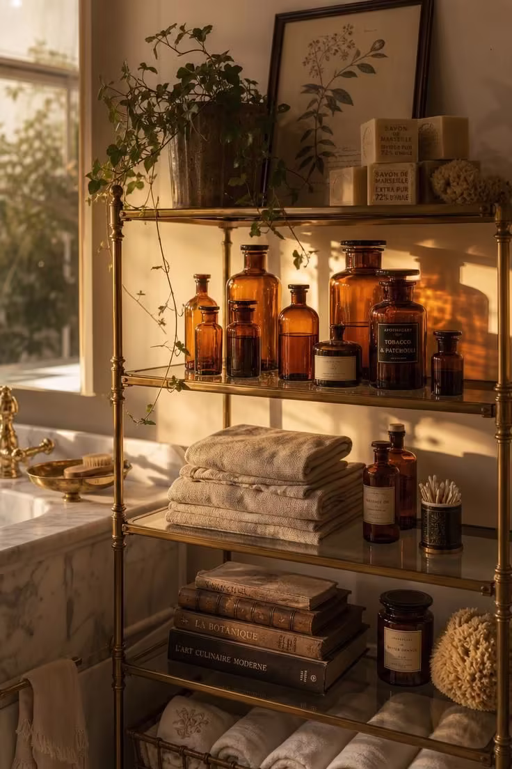 14 Eclectic Bathroom Ideas for a Space Full of Character 11 A brass étagère with open shelves holding amber apothecary glass bottles and folded towels.
