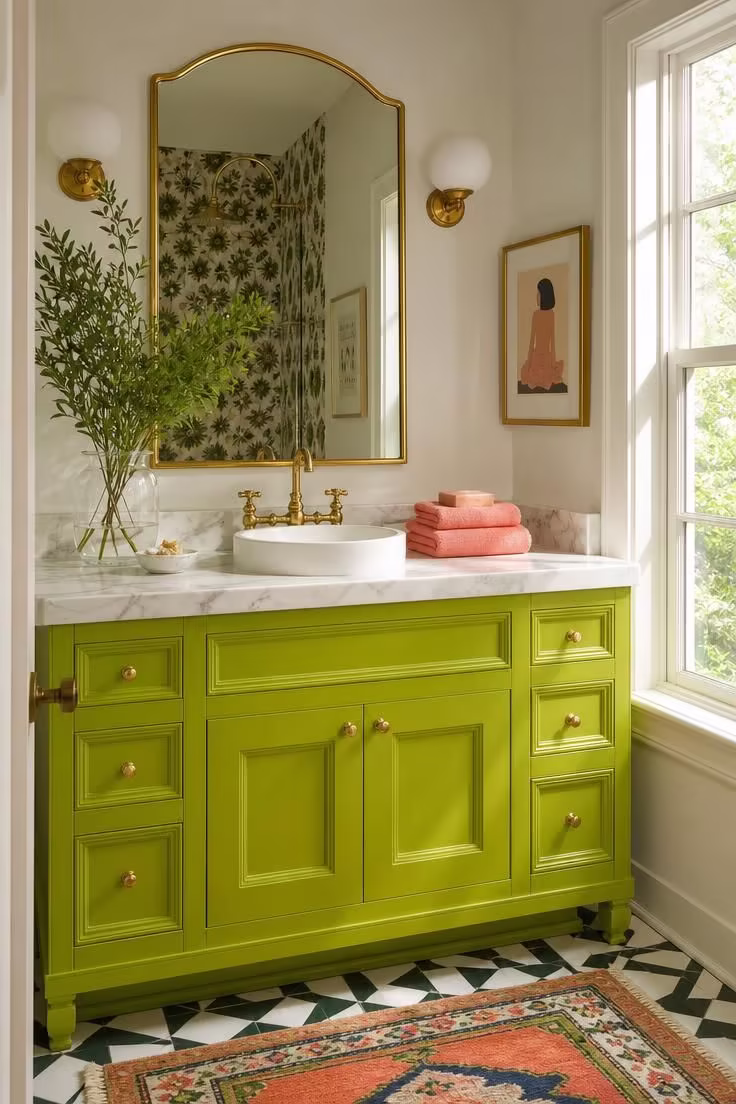 14 Eclectic Bathroom Ideas for a Space Full of Character 12 A bathroom vanity hand-painted bold chartreuse green with a white marble top and brass tap.