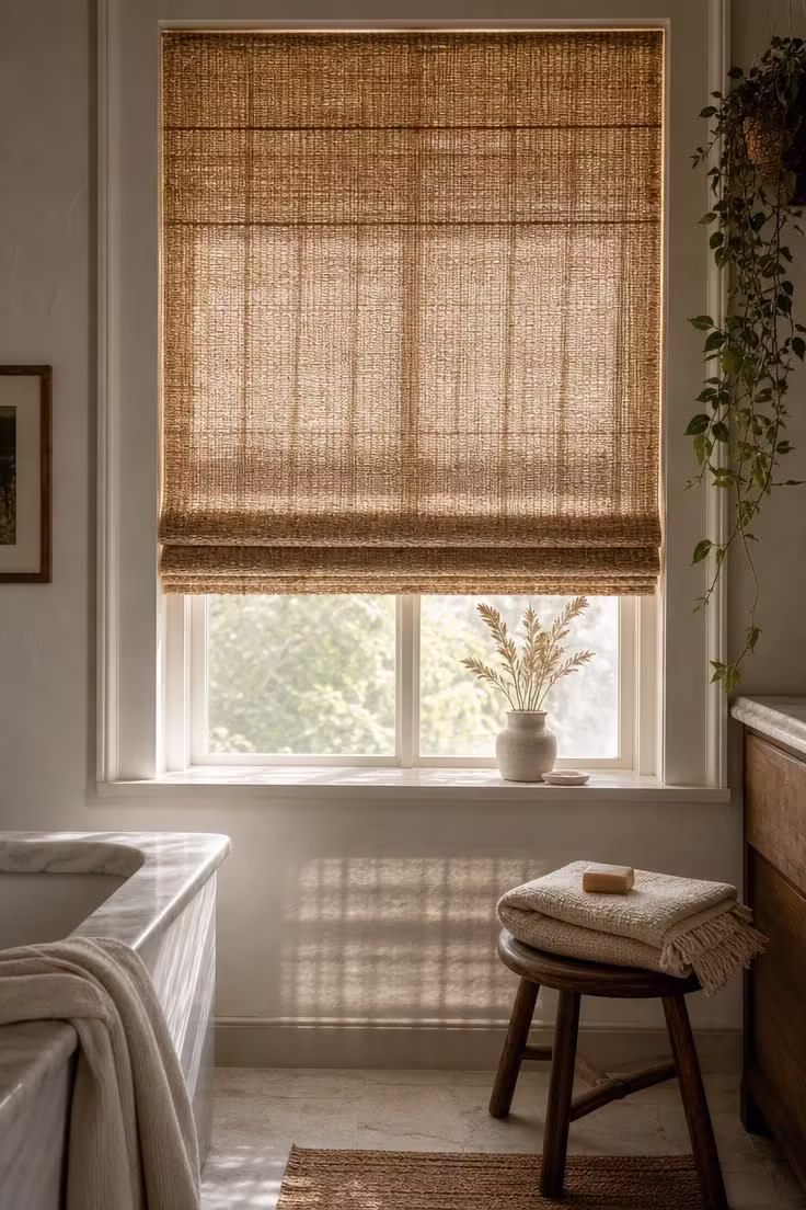 14 Eclectic Bathroom Ideas for a Space Full of Character 13 A woven seagrass Roman shade filtering daylight over a bathroom window.