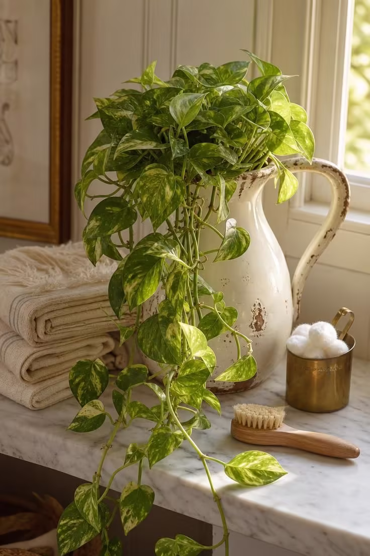 14 Eclectic Bathroom Ideas for a Space Full of Character 14 A trailing pothos spilling from a chipped vintage ironstone pitcher on a marble bathroom shelf.