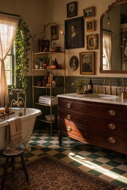14 Eclectic Bathroom Ideas for a Space Full of Character A styled eclectic bathroom combining a vintage dresser vanity, checkerboard floor, gallery wall, brass shelving, and greenery.