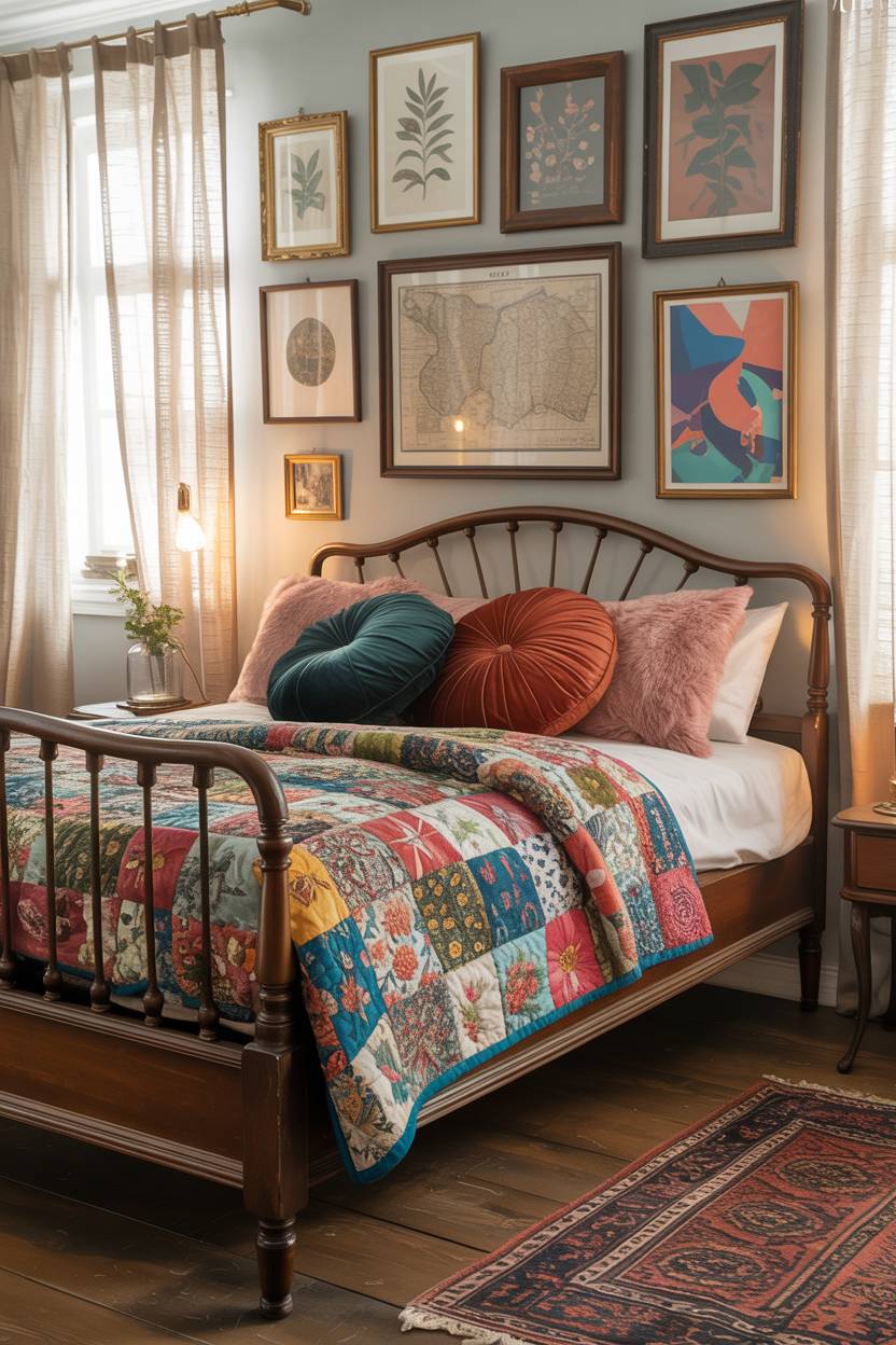 28 Eclectic Bedroom Design Ideas for a Personalized Retreat 1 Eclectic bedroom featuring vintage wooden bed with patchwork quilt, gallery wall, and Persian rug under natural light