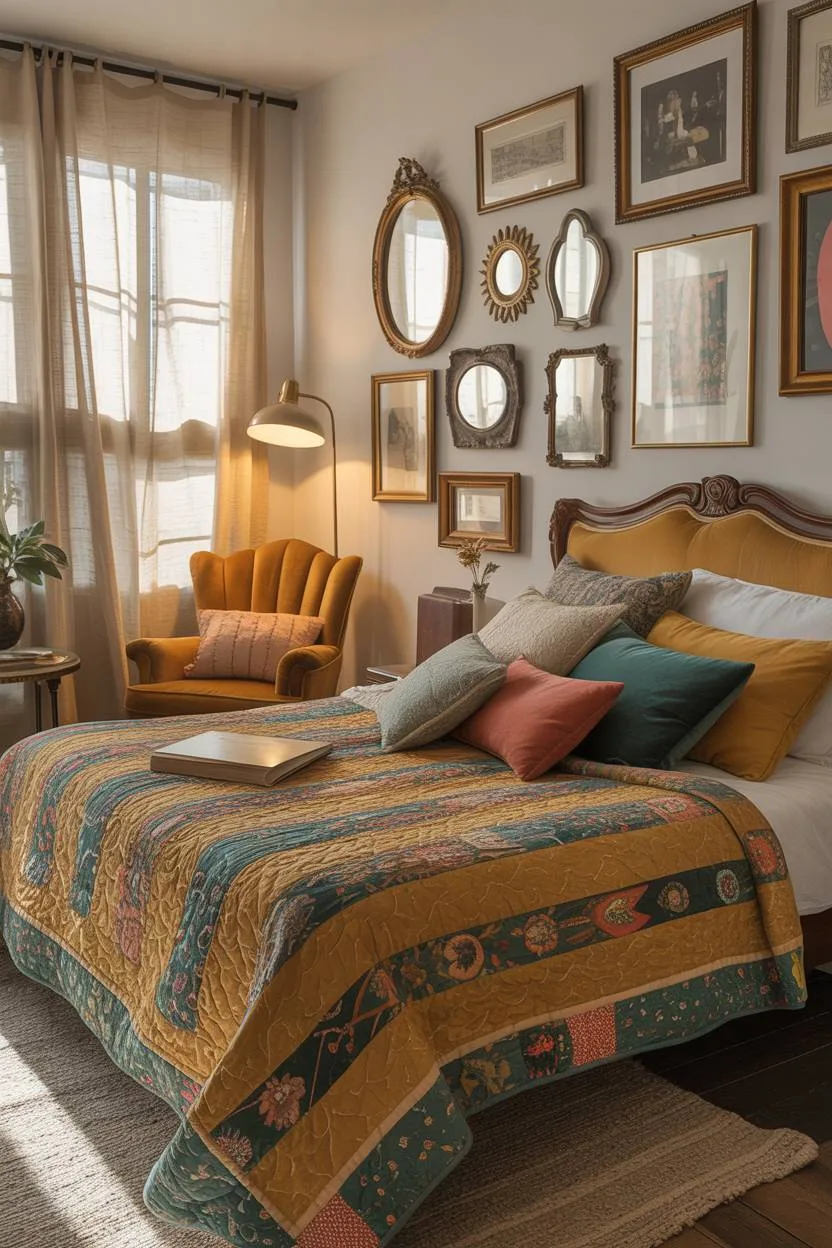 28 Eclectic Bedroom Design Ideas for a Personalized Retreat 2 Brightly lit eclectic bedroom with patterned quilt in mustard, teal, and coral tones, vintage headboard, and reading nook
