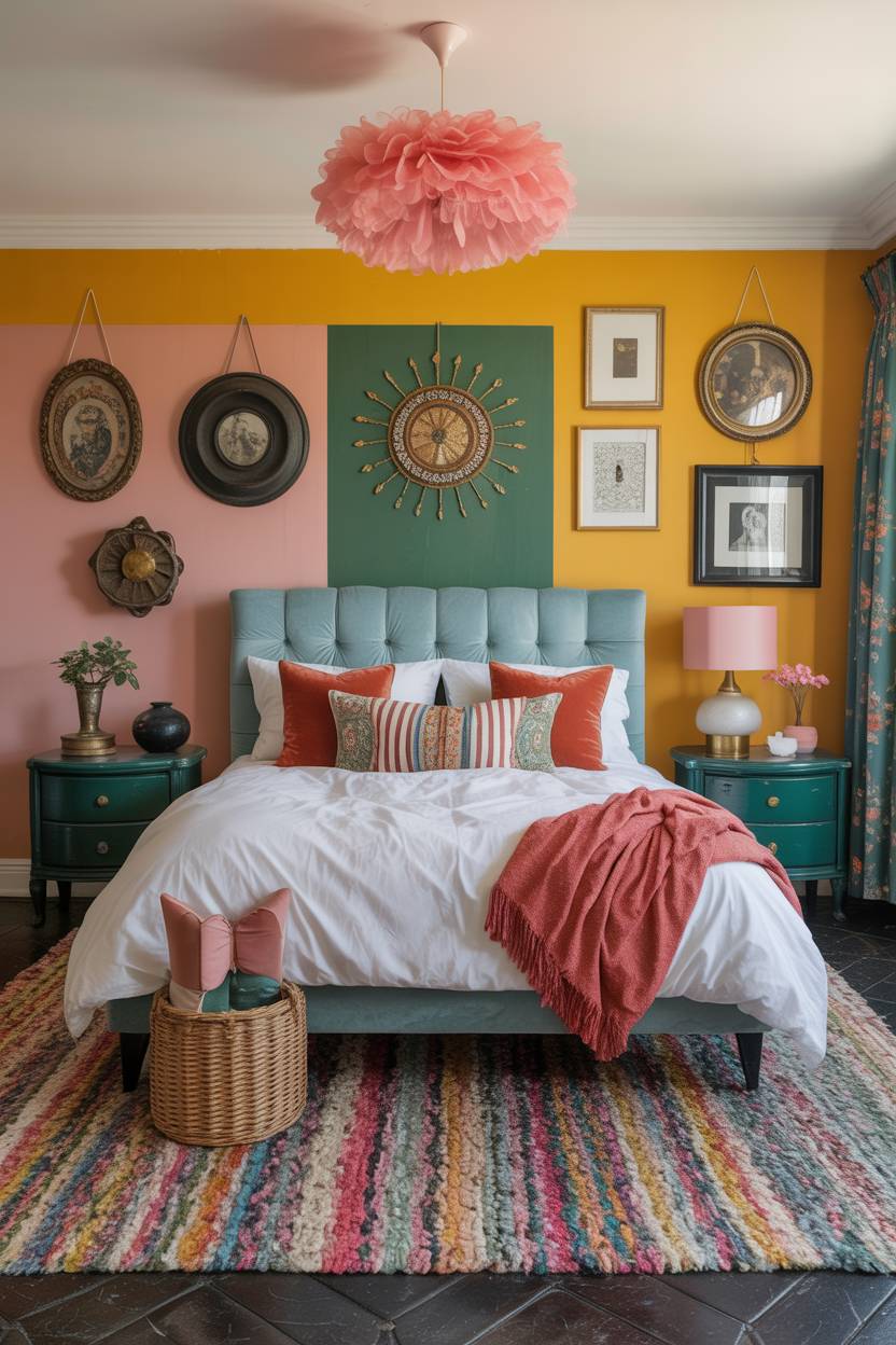 28 Eclectic Bedroom Design Ideas for a Personalized Retreat 3 Vibrant bedroom with pink, yellow, and green color-blocked walls, tufted blue headboard, and multicolored striped rug