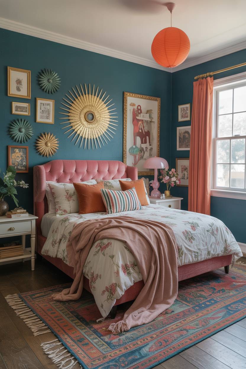 28 Eclectic Bedroom Design Ideas for a Personalized Retreat 4 Luxury bedroom with teal walls, pink velvet tufted bed, gold sunburst mirror, and Persian patterned rug