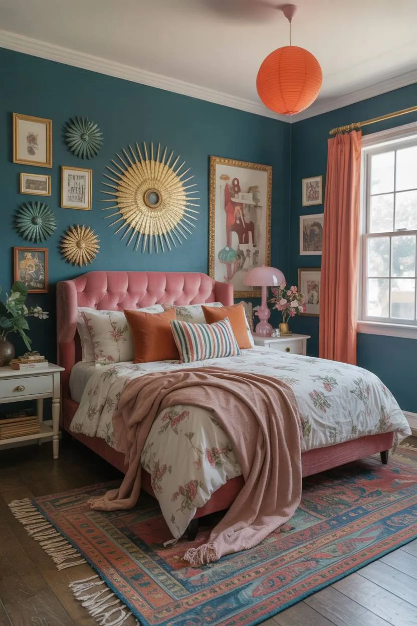 28 Eclectic Bedroom Design Ideas for a Personalized Retreat 4 Luxury bedroom with teal walls, pink velvet tufted bed, gold sunburst mirror, and Persian patterned rug