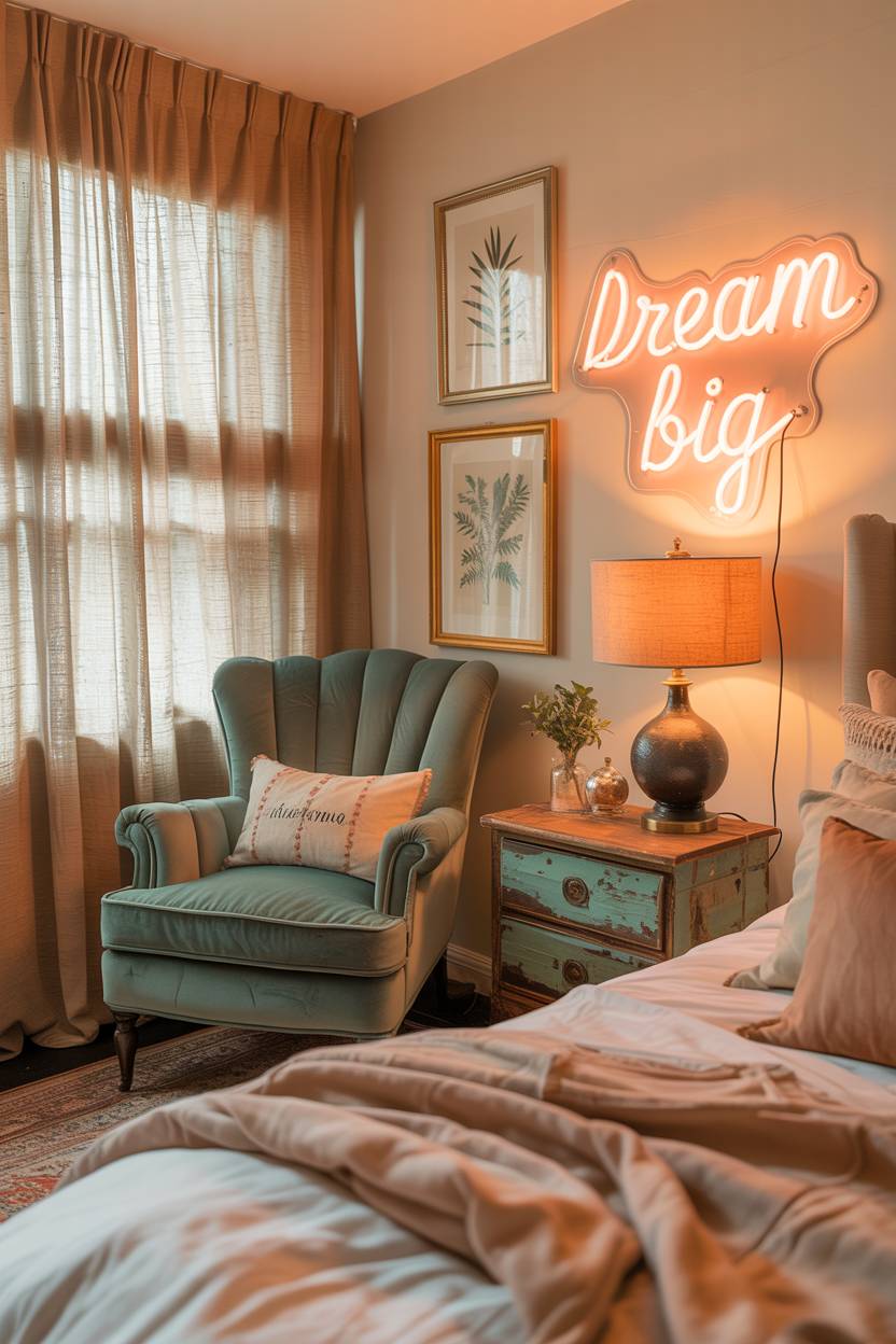 28 Eclectic Bedroom Design Ideas for a Personalized Retreat 5 Cozy eclectic bedroom with teal velvet armchair, reclaimed wood nightstand, vintage lamp, and neon "Dream Big" sign