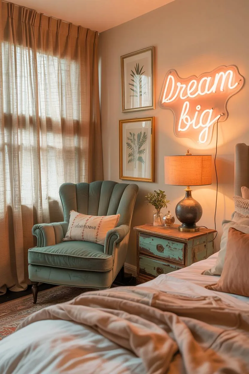 28 Eclectic Bedroom Design Ideas for a Personalized Retreat 5 Cozy eclectic bedroom with teal velvet armchair, reclaimed wood nightstand, vintage lamp, and neon "Dream Big" sign