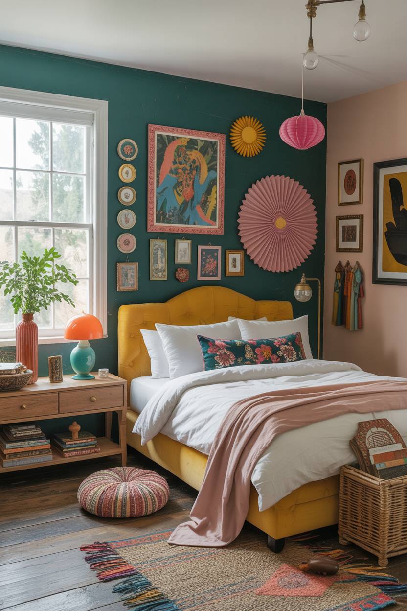 28 Eclectic Bedroom Design Ideas for a Personalized Retreat 6 Bohemian bedroom with emerald green accent wall, mustard yellow bed, colorful gallery wall, and patterned area rug