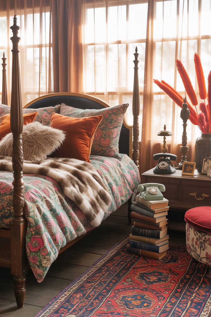 28 Eclectic Bedroom Design Ideas for a Personalized Retreat 7 Vintage four-poster bed with mixed floral and geometric bedding, velvet pillows, faux fur throw, and Persian rug