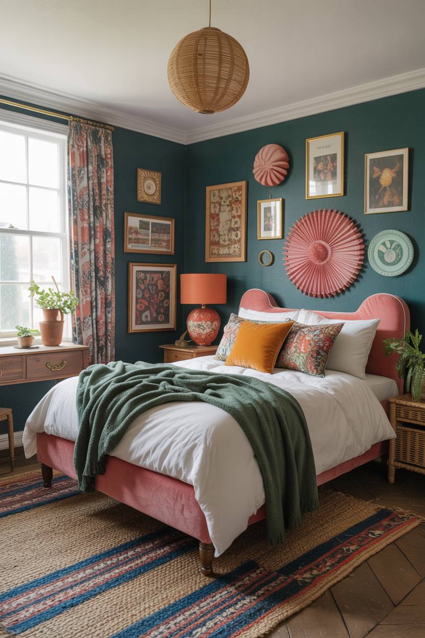 28 Eclectic Bedroom Design Ideas for a Personalized Retreat 8 Moody bedroom with deep teal walls, pink upholstered bed, coral fan wall art, and woven rattan pendant light
