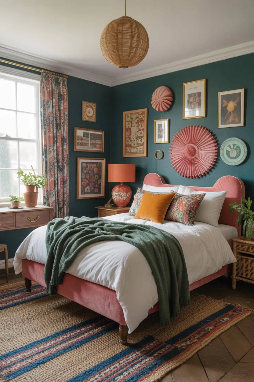 28 Eclectic Bedroom Design Ideas for a Personalized Retreat 8 Moody bedroom with deep teal walls, pink upholstered bed, coral fan wall art, and woven rattan pendant light