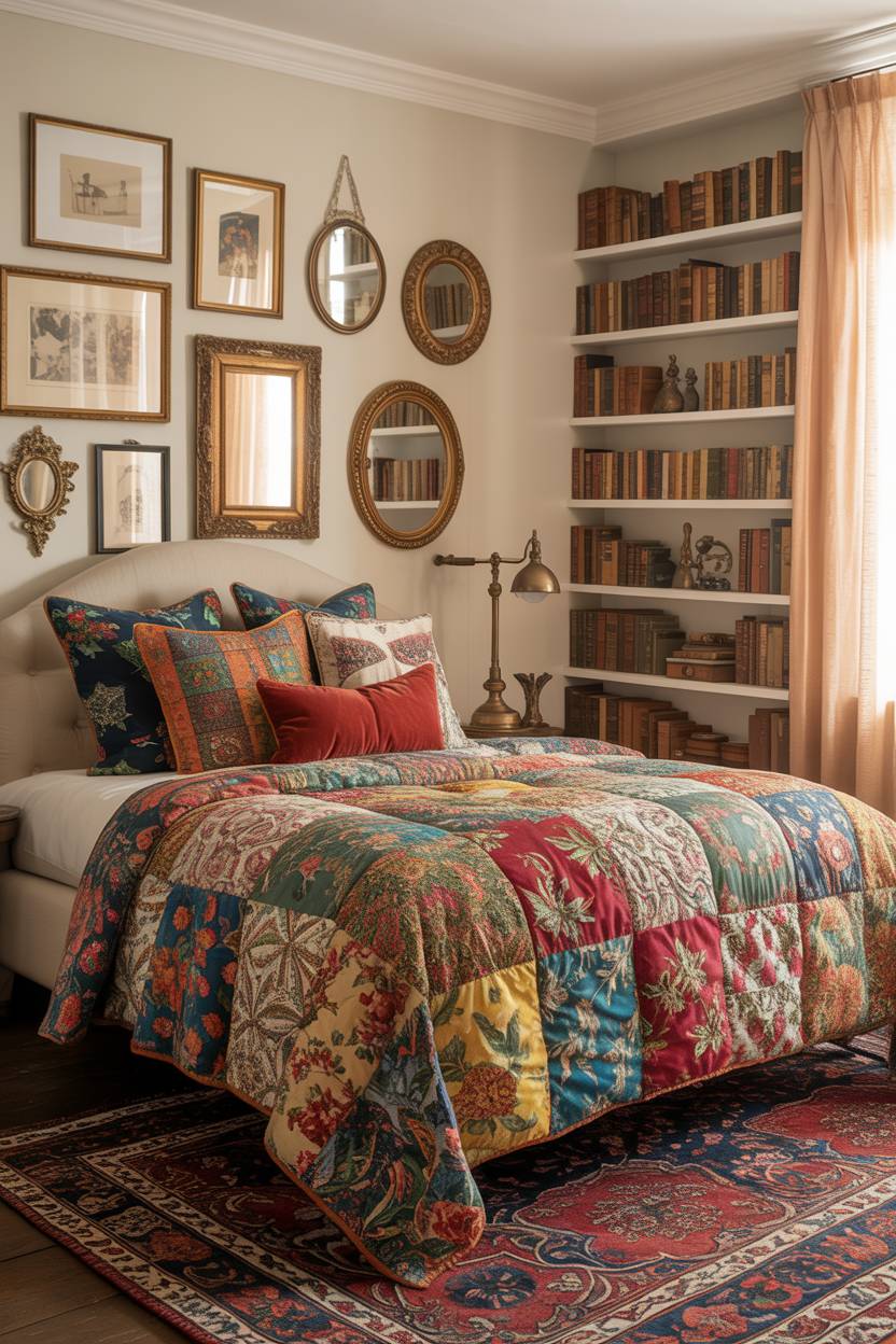 28 Eclectic Bedroom Design Ideas for a Personalized Retreat 9 Vibrant eclectic bedroom with patchwork quilt, jewel-toned throw pillows, gallery wall, and towering bookshelf