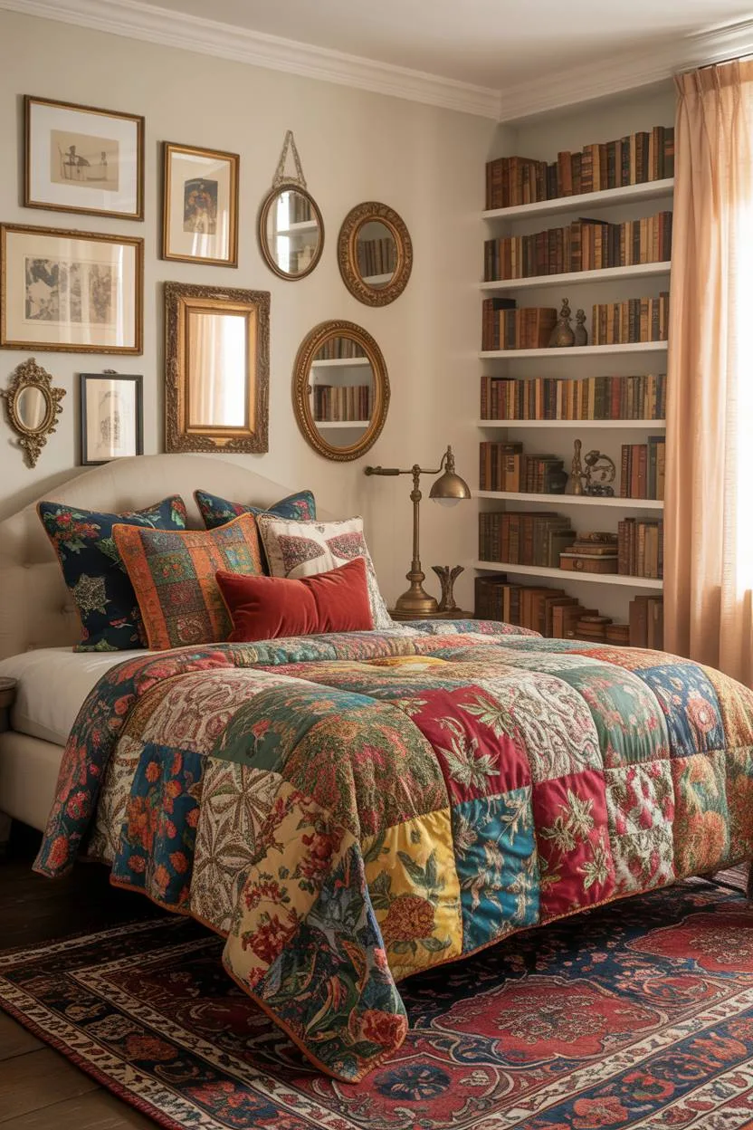 28 Eclectic Bedroom Design Ideas for a Personalized Retreat 9 Vibrant eclectic bedroom with patchwork quilt, jewel-toned throw pillows, gallery wall, and towering bookshelf