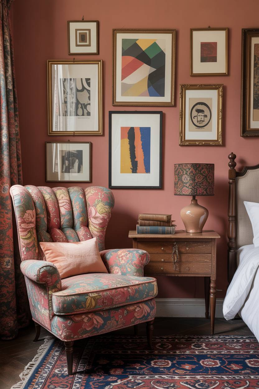 28 Eclectic Bedroom Design Ideas for a Personalized Retreat 10 Eclectic bedroom featuring vibrant floral armchair, coral walls, gallery wall, and Persian rug