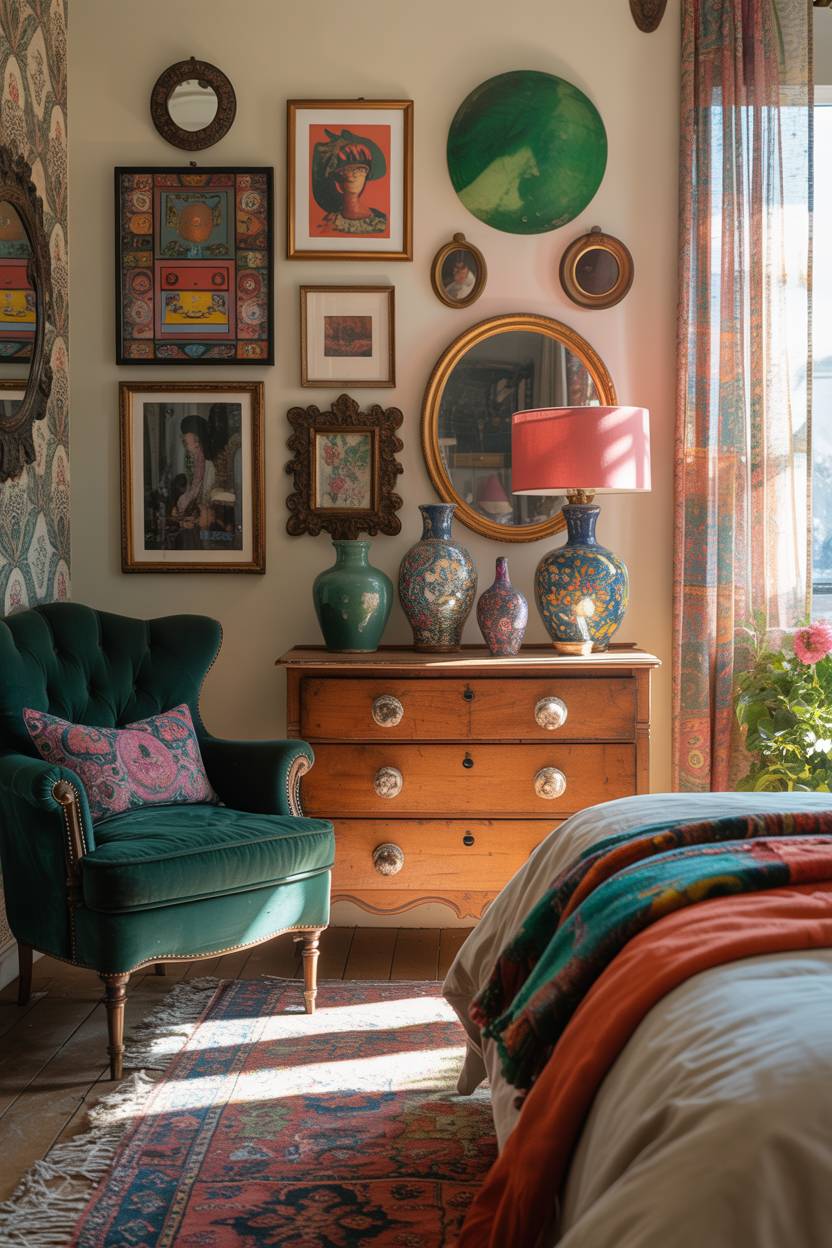 28 Eclectic Bedroom Design Ideas for a Personalized Retreat 11 Cozy bedroom with emerald green velvet armchair, vintage wooden dresser, patterned wallpaper, and gallery wall