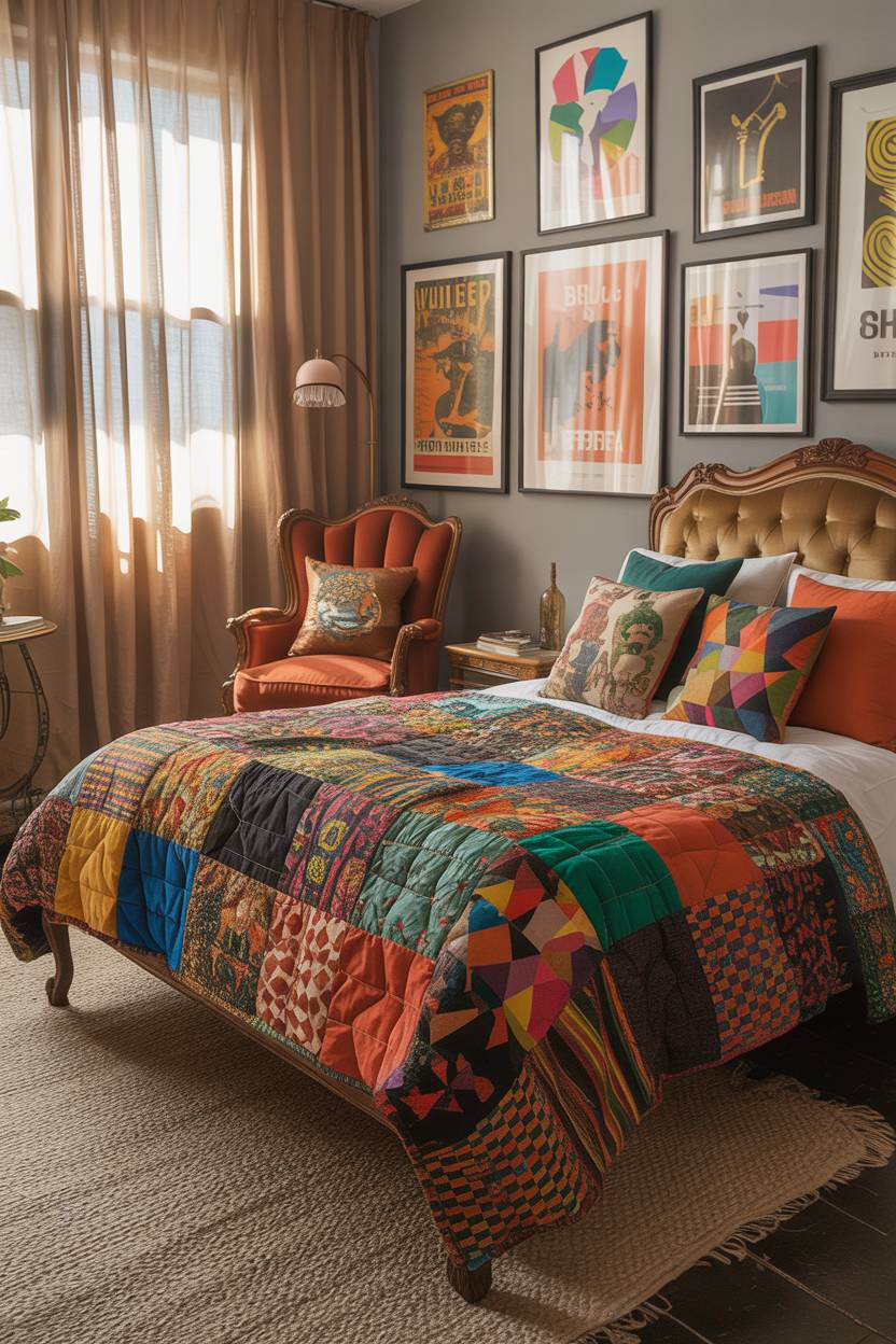 28 Eclectic Bedroom Design Ideas for a Personalized Retreat 12 Colorful eclectic bedroom with antique wooden bed, patchwork geometric quilt, vintage velvet armchair, and gallery wall
