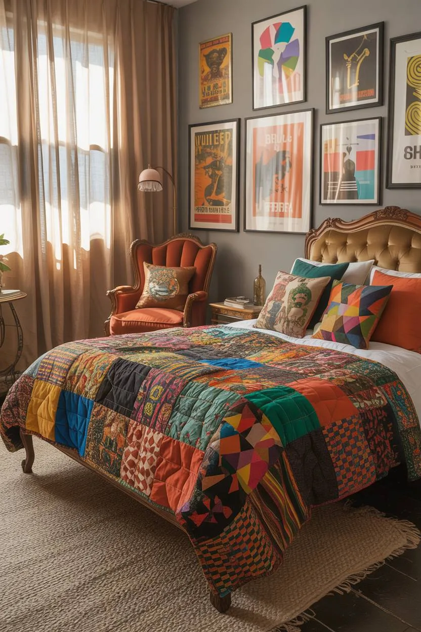 28 Eclectic Bedroom Design Ideas for a Personalized Retreat 12 Colorful eclectic bedroom with antique wooden bed, patchwork geometric quilt, vintage velvet armchair, and gallery wall