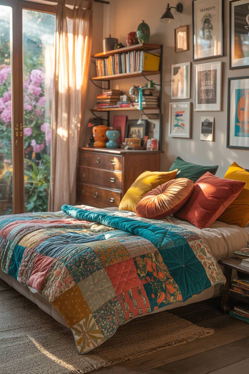28 Eclectic Bedroom Design Ideas for a Personalized Retreat 13 Vibrant bedroom with low platform bed, turquoise and coral patchwork quilt, vintage furniture, and garden window view