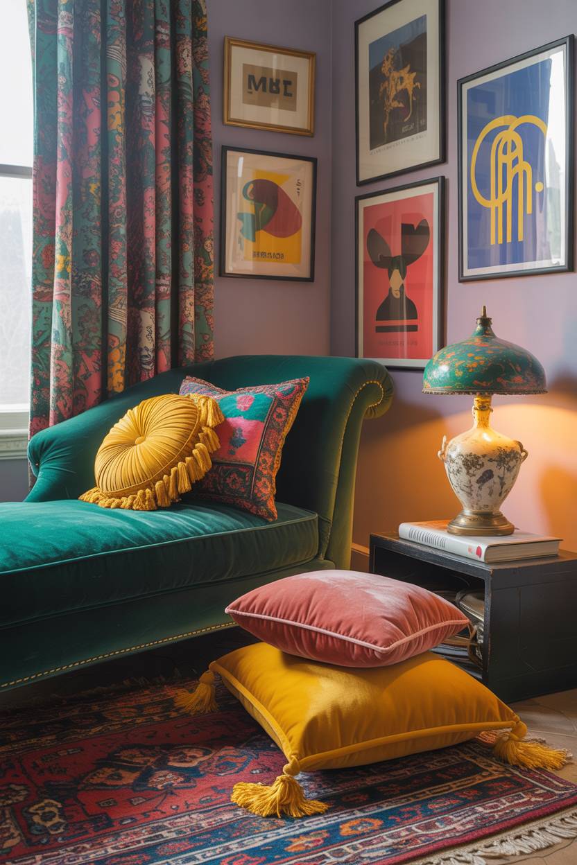 28 Eclectic Bedroom Design Ideas for a Personalized Retreat 14 Cozy bedroom with emerald green chaise lounge, lavender walls, mismatched patterned curtains, and vintage Persian rug