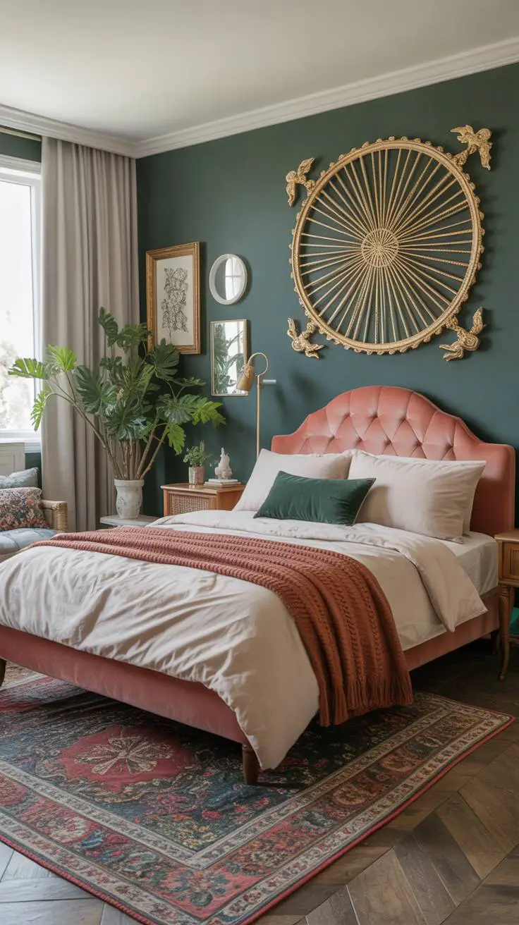 28 Eclectic Bedroom Design Ideas for a Personalized Retreat 15 Luxury bedroom with forest green accent wall, pink velvet bed, circular wooden wheel art, and herringbone hardwood floors