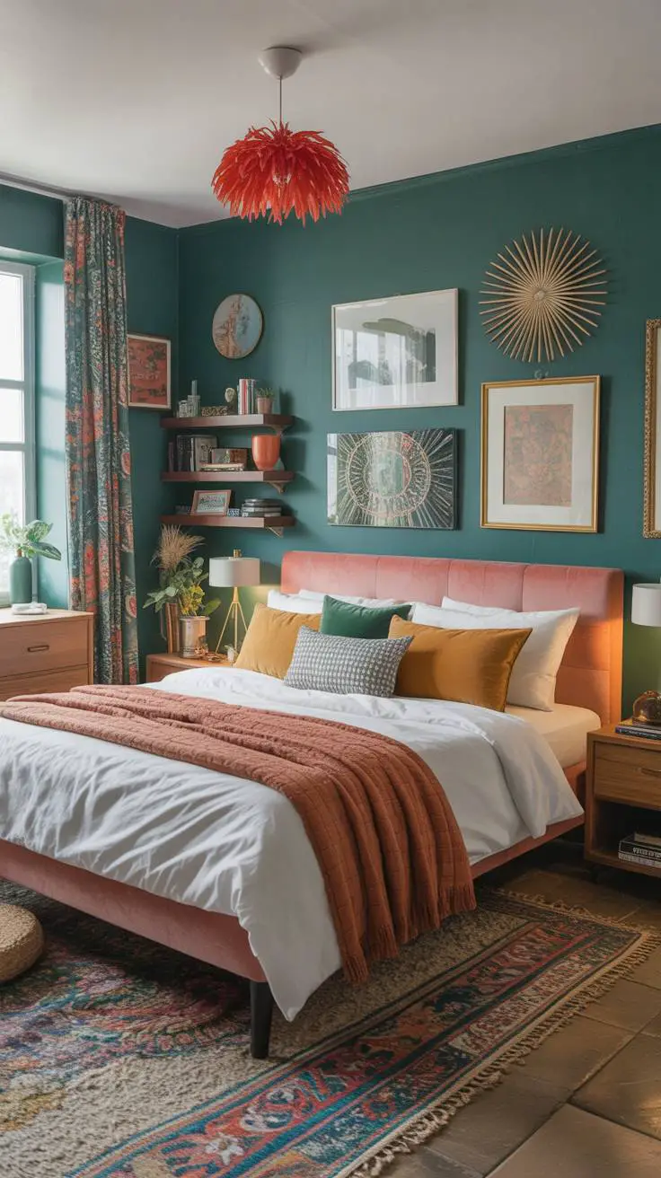 28 Eclectic Bedroom Design Ideas for a Personalized Retreat 16 Modern bedroom with teal walls, coral pink bed frame, red feathered pendant light, and built-in wooden shelving