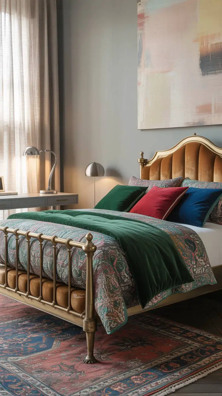 28 Eclectic Bedroom Design Ideas for a Personalized Retreat 17 Modern eclectic bedroom with antique brass bed, velvet headboard, jewel-toned quilts, and exposed brick walls