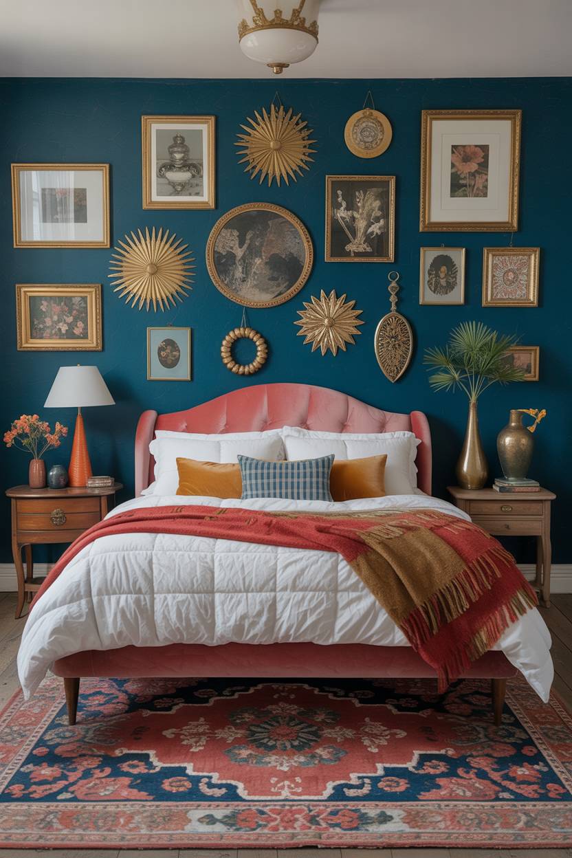 28 Eclectic Bedroom Design Ideas for a Personalized Retreat 18 Luxury bedroom with teal accent wall, multiple gold sunburst mirrors, coral velvet bed, and Persian-inspired area rug