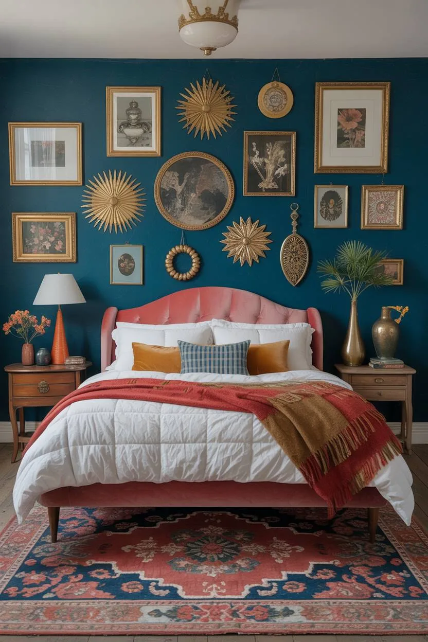 28 Eclectic Bedroom Design Ideas for a Personalized Retreat 18 Luxury bedroom with teal accent wall, multiple gold sunburst mirrors, coral velvet bed, and Persian-inspired area rug