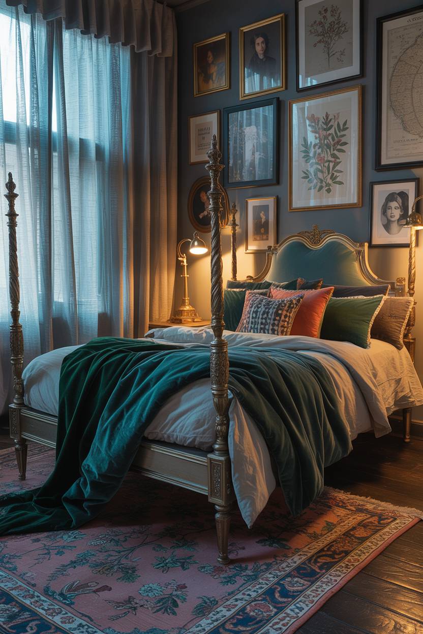 28 Eclectic Bedroom Design Ideas for a Personalized Retreat 19 Moody bedroom with ornate four-poster bed, jewel-toned velvet and linen fabrics, vintage Persian rug, and gallery wall