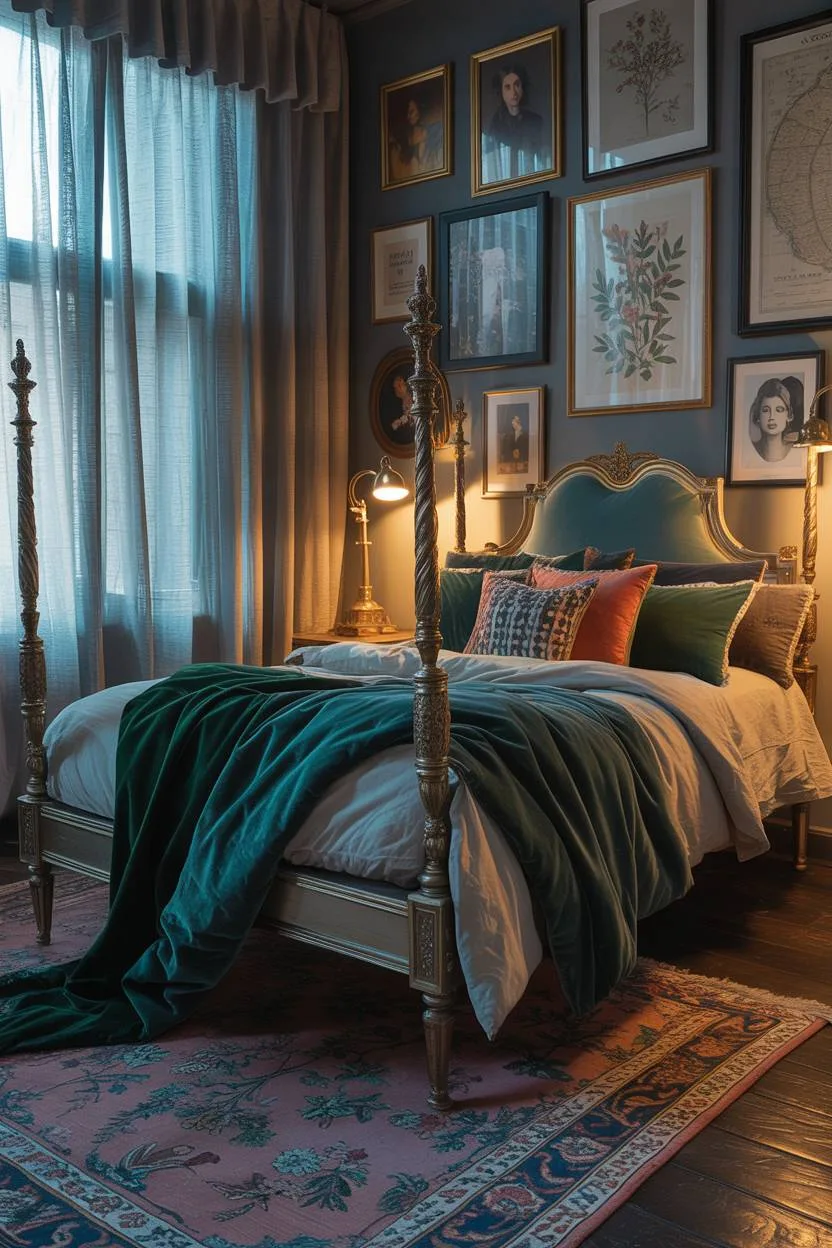 28 Eclectic Bedroom Design Ideas for a Personalized Retreat 19 Moody bedroom with ornate four-poster bed, jewel-toned velvet and linen fabrics, vintage Persian rug, and gallery wall