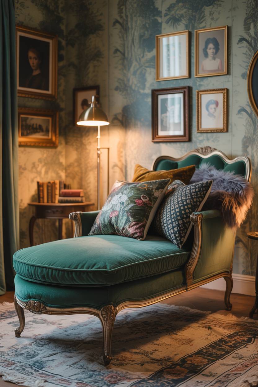 28 Eclectic Bedroom Design Ideas for a Personalized Retreat 20 Moody eclectic bedroom with emerald green velvet chaise lounge, botanical wallpaper, vintage portraits, and brass floor lamp